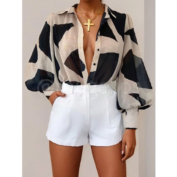 Beige Sheer Abstract Print Button Up Shirt Long Bishop Sleeve - Picture 2 of 7